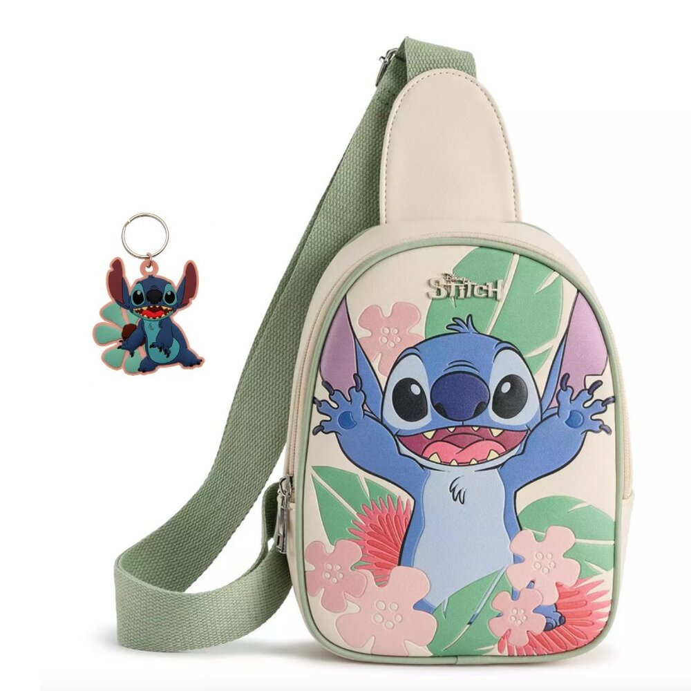 Disney Lilo and Stitch Hawaiian Floral Sling Crossbody Bag with Stitch Keychain